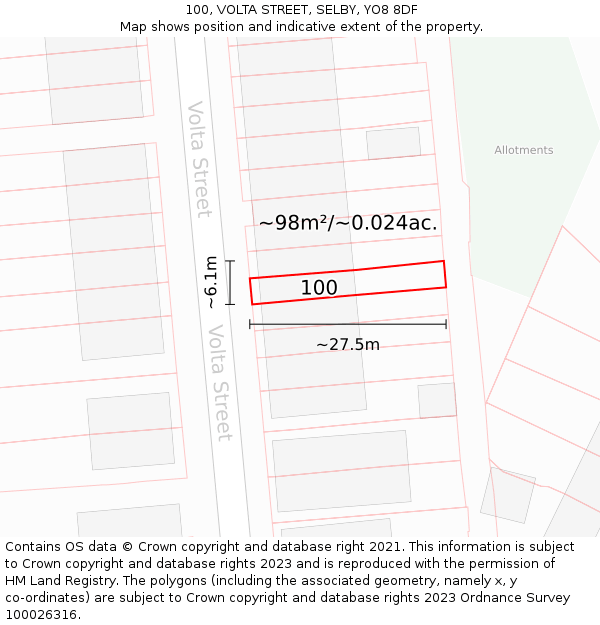 100, VOLTA STREET, SELBY, YO8 8DF: Plot and title map