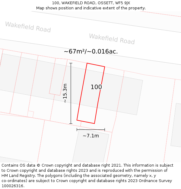 100, WAKEFIELD ROAD, OSSETT, WF5 9JX: Plot and title map