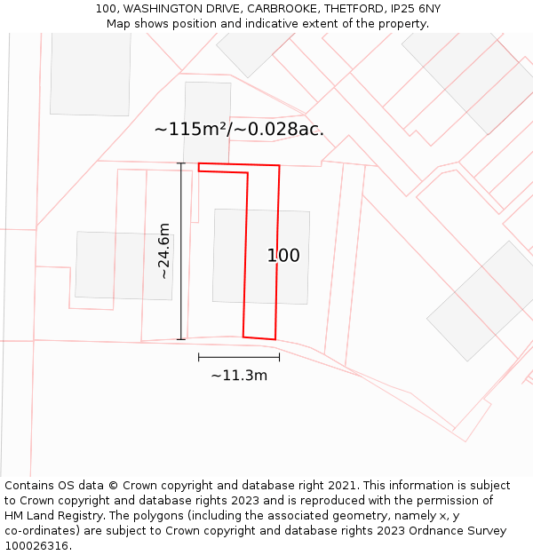 100, WASHINGTON DRIVE, CARBROOKE, THETFORD, IP25 6NY: Plot and title map