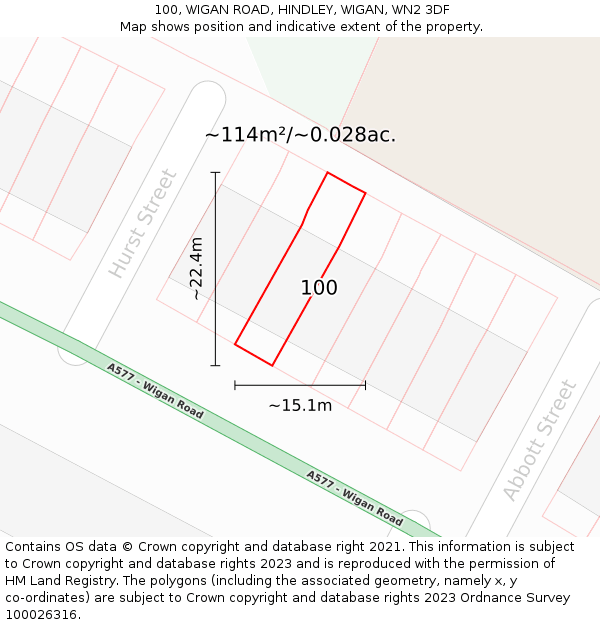 100, WIGAN ROAD, HINDLEY, WIGAN, WN2 3DF: Plot and title map
