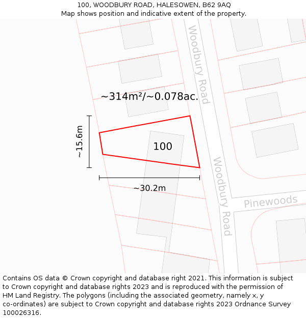 100, WOODBURY ROAD, HALESOWEN, B62 9AQ: Plot and title map