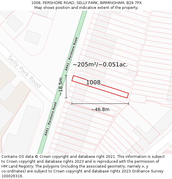 1008, PERSHORE ROAD, SELLY PARK, BIRMINGHAM, B29 7PX: Plot and title map