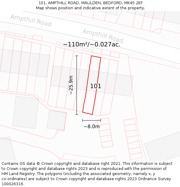 101, AMPTHILL ROAD, MAULDEN, BEDFORD, MK45 2EF: Plot and title map