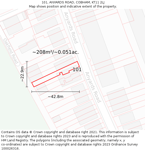 101, ANYARDS ROAD, COBHAM, KT11 2LJ: Plot and title map