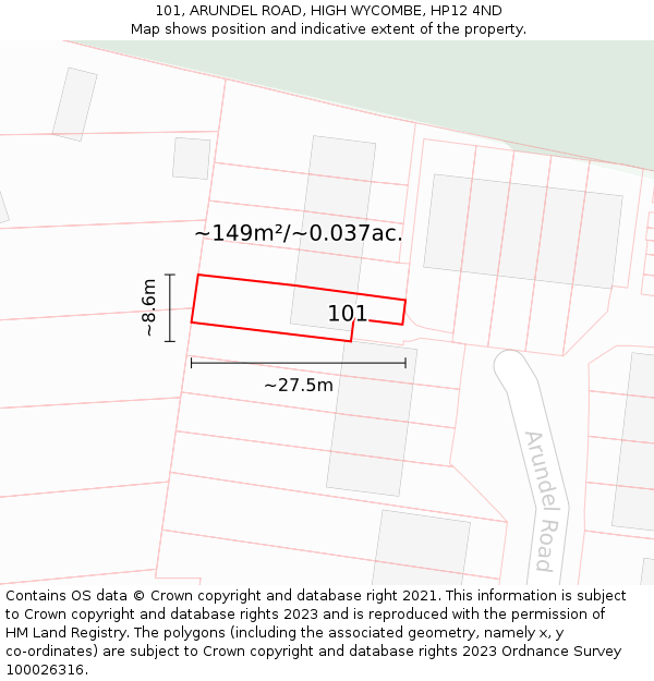 101, ARUNDEL ROAD, HIGH WYCOMBE, HP12 4ND: Plot and title map