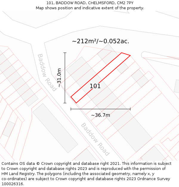 101, BADDOW ROAD, CHELMSFORD, CM2 7PY: Plot and title map