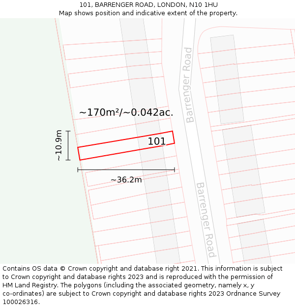101, BARRENGER ROAD, LONDON, N10 1HU: Plot and title map