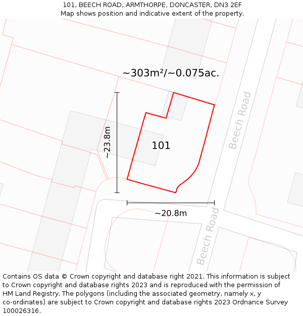 101, BEECH ROAD, ARMTHORPE, DONCASTER, DN3 2EF: Plot and title map