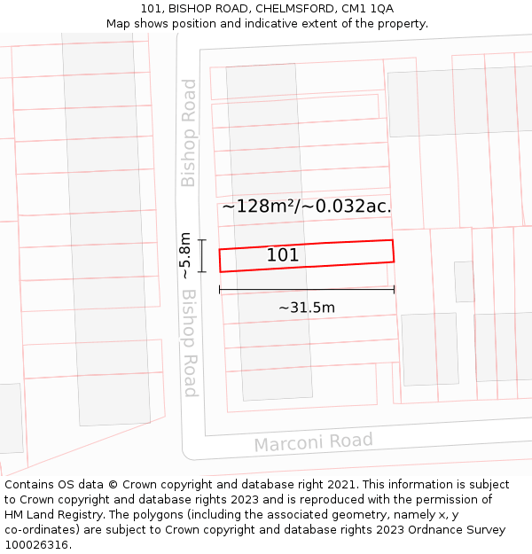 101, BISHOP ROAD, CHELMSFORD, CM1 1QA: Plot and title map