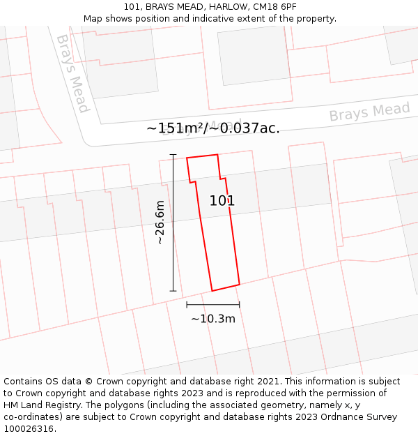 101, BRAYS MEAD, HARLOW, CM18 6PF: Plot and title map
