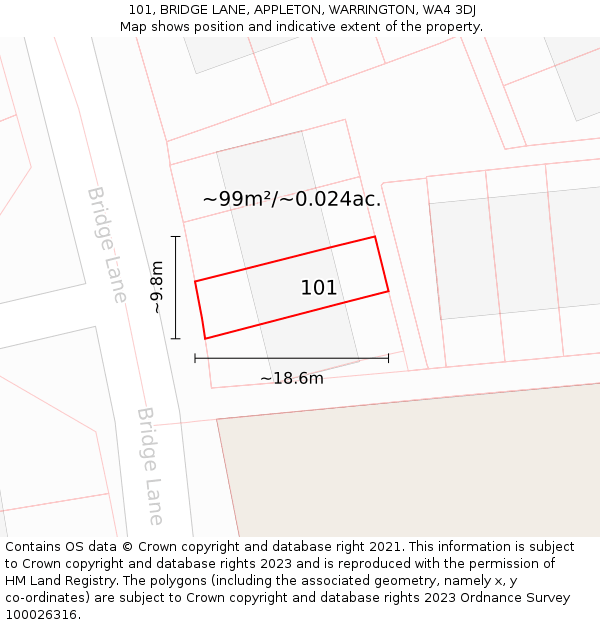 101, BRIDGE LANE, APPLETON, WARRINGTON, WA4 3DJ: Plot and title map