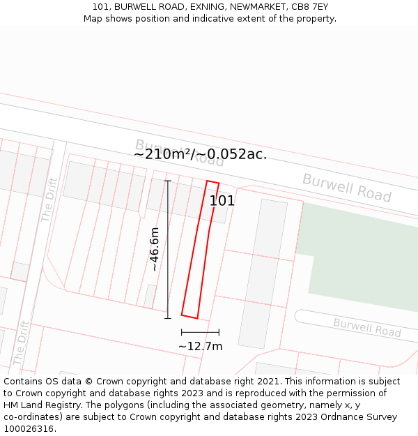 101, BURWELL ROAD, EXNING, NEWMARKET, CB8 7EY: Plot and title map