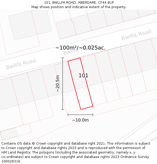 101, BWLLFA ROAD, ABERDARE, CF44 8UF: Plot and title map
