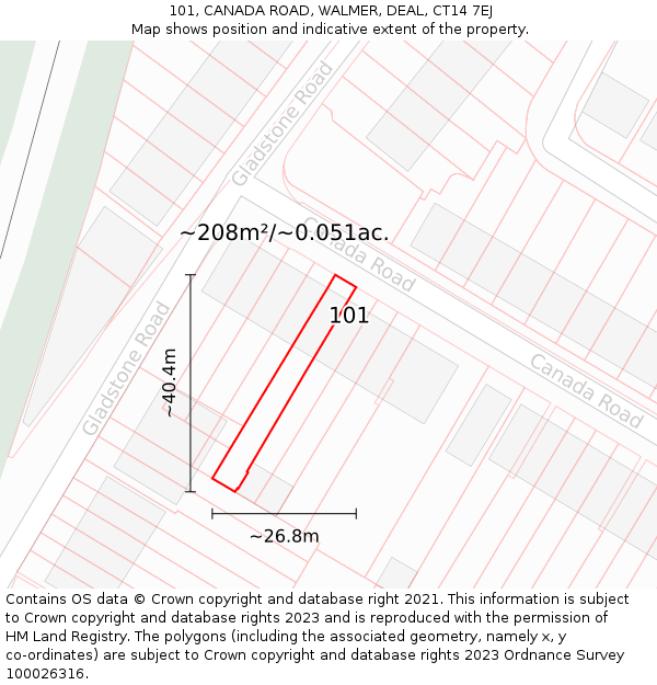101, CANADA ROAD, WALMER, DEAL, CT14 7EJ: Plot and title map
