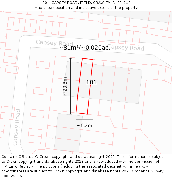 101, CAPSEY ROAD, IFIELD, CRAWLEY, RH11 0UF: Plot and title map