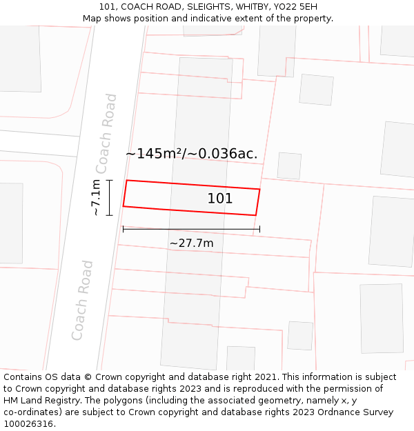 101, COACH ROAD, SLEIGHTS, WHITBY, YO22 5EH: Plot and title map