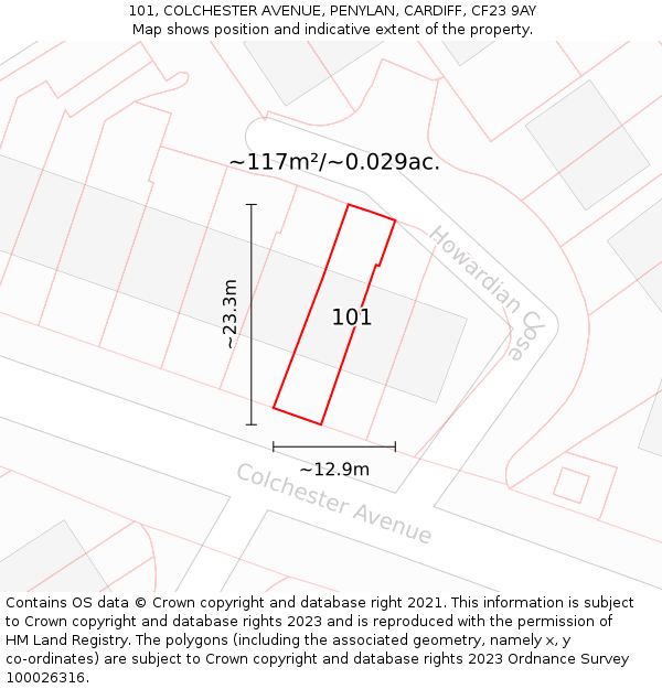 101, COLCHESTER AVENUE, PENYLAN, CARDIFF, CF23 9AY: Plot and title map