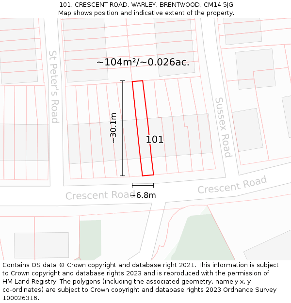 101, CRESCENT ROAD, WARLEY, BRENTWOOD, CM14 5JG: Plot and title map