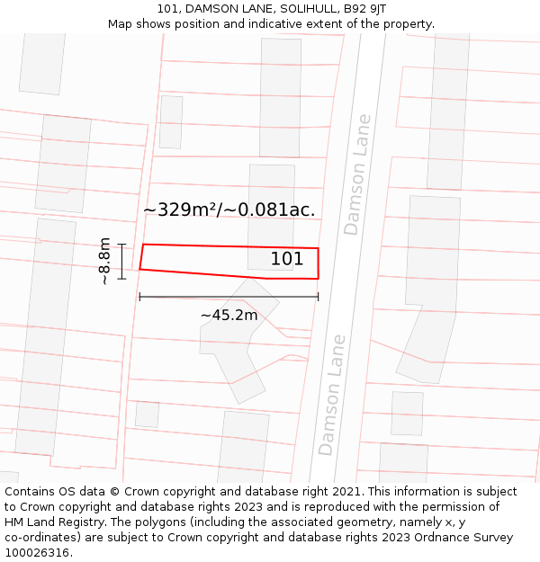 101, DAMSON LANE, SOLIHULL, B92 9JT: Plot and title map