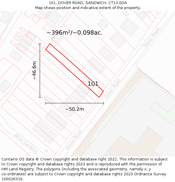 101, DOVER ROAD, SANDWICH, CT13 0DA: Plot and title map