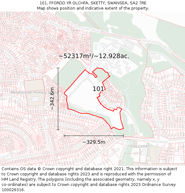 101, FFORDD YR OLCHFA, SKETTY, SWANSEA, SA2 7RE: Plot and title map