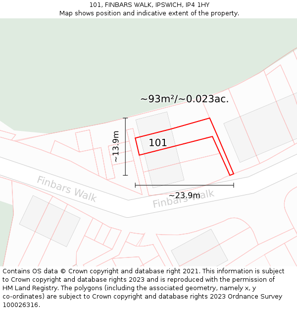 101, FINBARS WALK, IPSWICH, IP4 1HY: Plot and title map