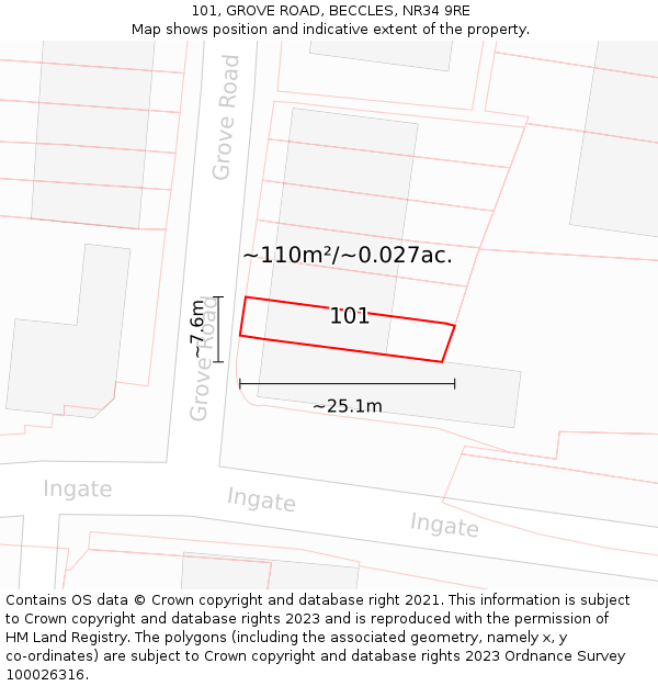 101, GROVE ROAD, BECCLES, NR34 9RE: Plot and title map