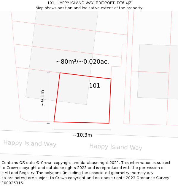 101, HAPPY ISLAND WAY, BRIDPORT, DT6 4JZ: Plot and title map