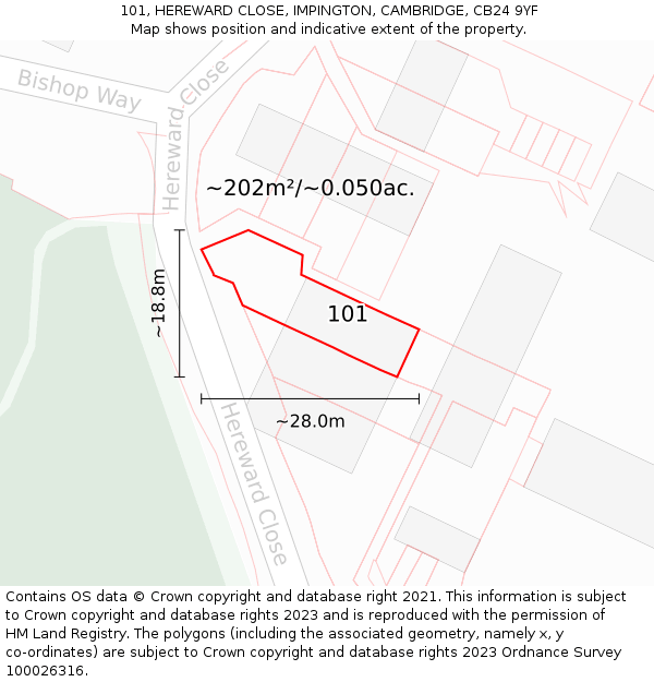 101, HEREWARD CLOSE, IMPINGTON, CAMBRIDGE, CB24 9YF: Plot and title map