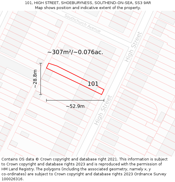 101, HIGH STREET, SHOEBURYNESS, SOUTHEND-ON-SEA, SS3 9AR: Plot and title map