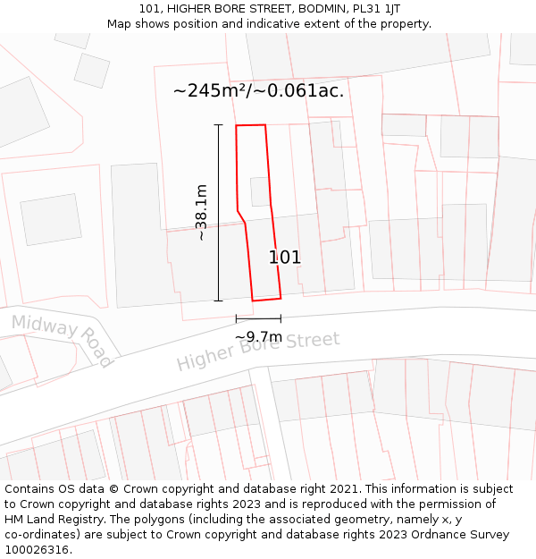 101, HIGHER BORE STREET, BODMIN, PL31 1JT: Plot and title map