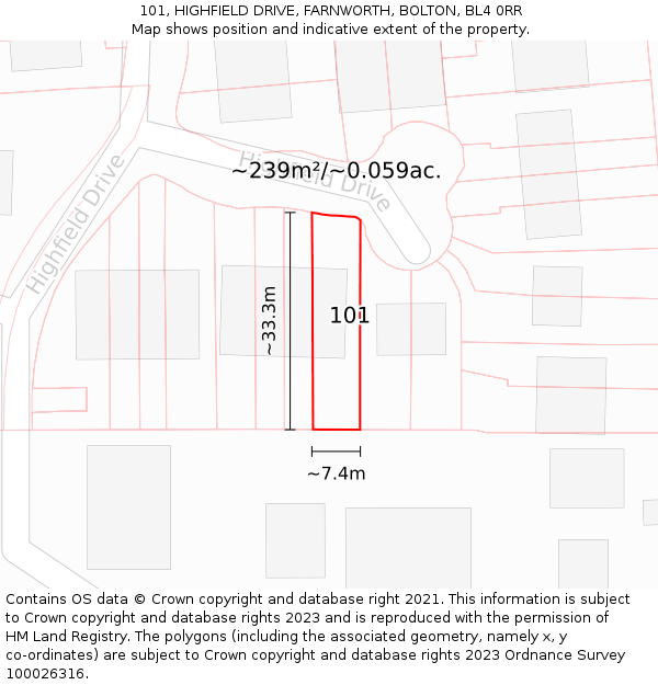 101, HIGHFIELD DRIVE, FARNWORTH, BOLTON, BL4 0RR: Plot and title map