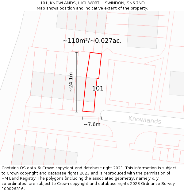101, KNOWLANDS, HIGHWORTH, SWINDON, SN6 7ND: Plot and title map