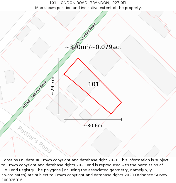 101, LONDON ROAD, BRANDON, IP27 0EL: Plot and title map