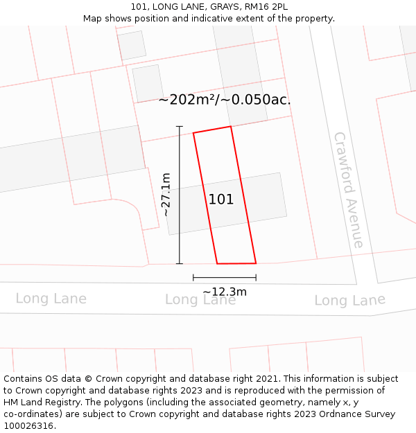 101, LONG LANE, GRAYS, RM16 2PL: Plot and title map