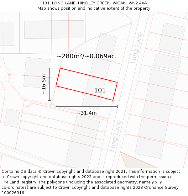 101, LONG LANE, HINDLEY GREEN, WIGAN, WN2 4XA: Plot and title map