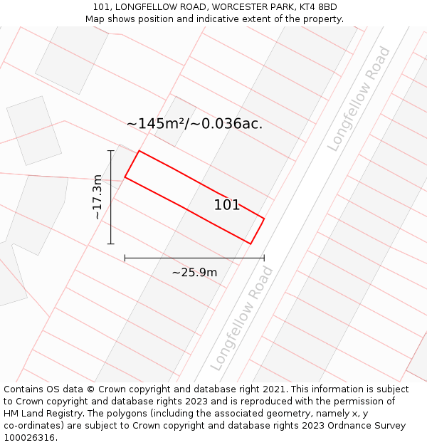 101, LONGFELLOW ROAD, WORCESTER PARK, KT4 8BD: Plot and title map
