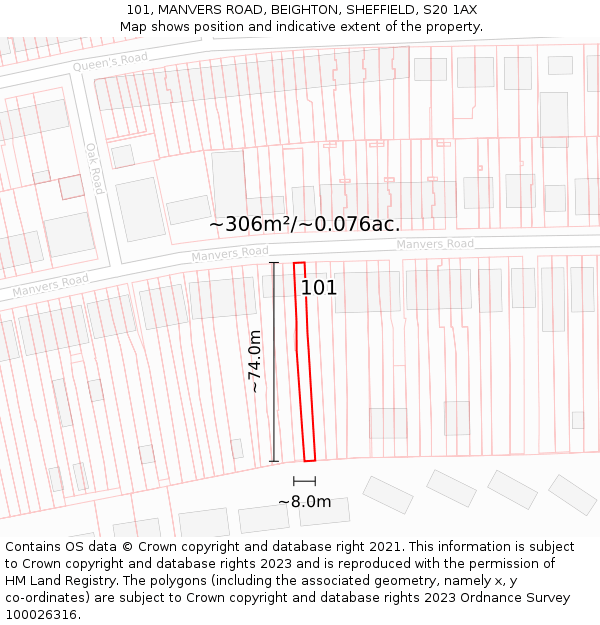 101, MANVERS ROAD, BEIGHTON, SHEFFIELD, S20 1AX: Plot and title map