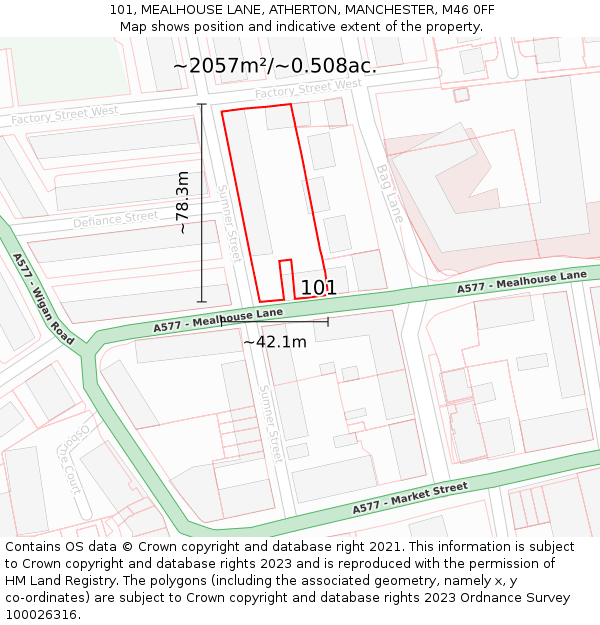 101, MEALHOUSE LANE, ATHERTON, MANCHESTER, M46 0FF: Plot and title map