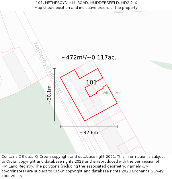 101, NETHEROYD HILL ROAD, HUDDERSFIELD, HD2 2LX: Plot and title map