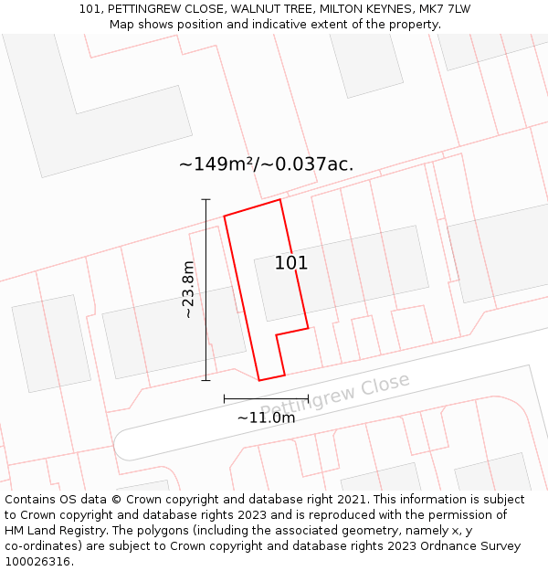 101, PETTINGREW CLOSE, WALNUT TREE, MILTON KEYNES, MK7 7LW: Plot and title map