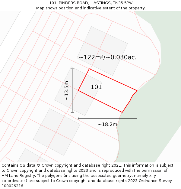 101, PINDERS ROAD, HASTINGS, TN35 5PW: Plot and title map