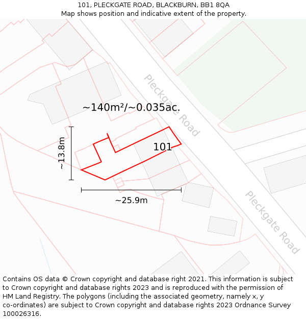 101, PLECKGATE ROAD, BLACKBURN, BB1 8QA: Plot and title map