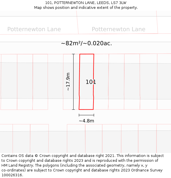 101, POTTERNEWTON LANE, LEEDS, LS7 3LW: Plot and title map