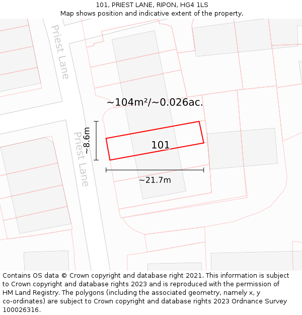 101, PRIEST LANE, RIPON, HG4 1LS: Plot and title map
