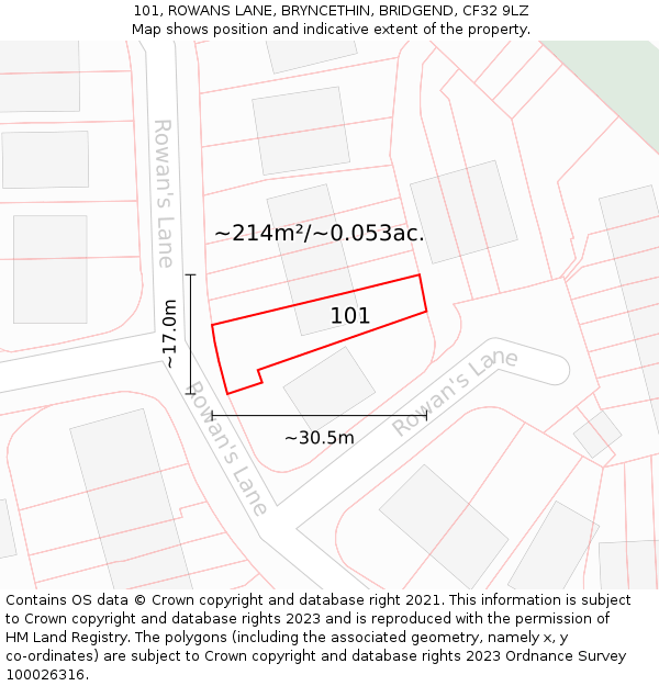 101, ROWANS LANE, BRYNCETHIN, BRIDGEND, CF32 9LZ: Plot and title map