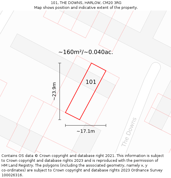 101, THE DOWNS, HARLOW, CM20 3RG: Plot and title map