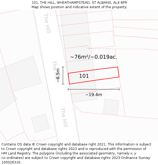 101, THE HILL, WHEATHAMPSTEAD, ST ALBANS, AL4 8PR: Plot and title map
