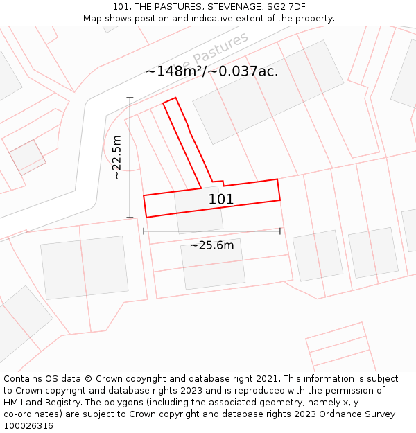 101, THE PASTURES, STEVENAGE, SG2 7DF: Plot and title map