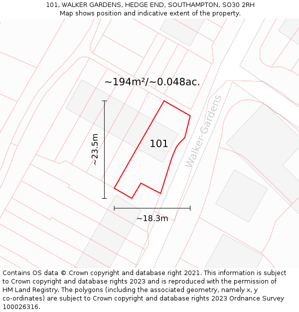 101, WALKER GARDENS, HEDGE END, SOUTHAMPTON, SO30 2RH: Plot and title map